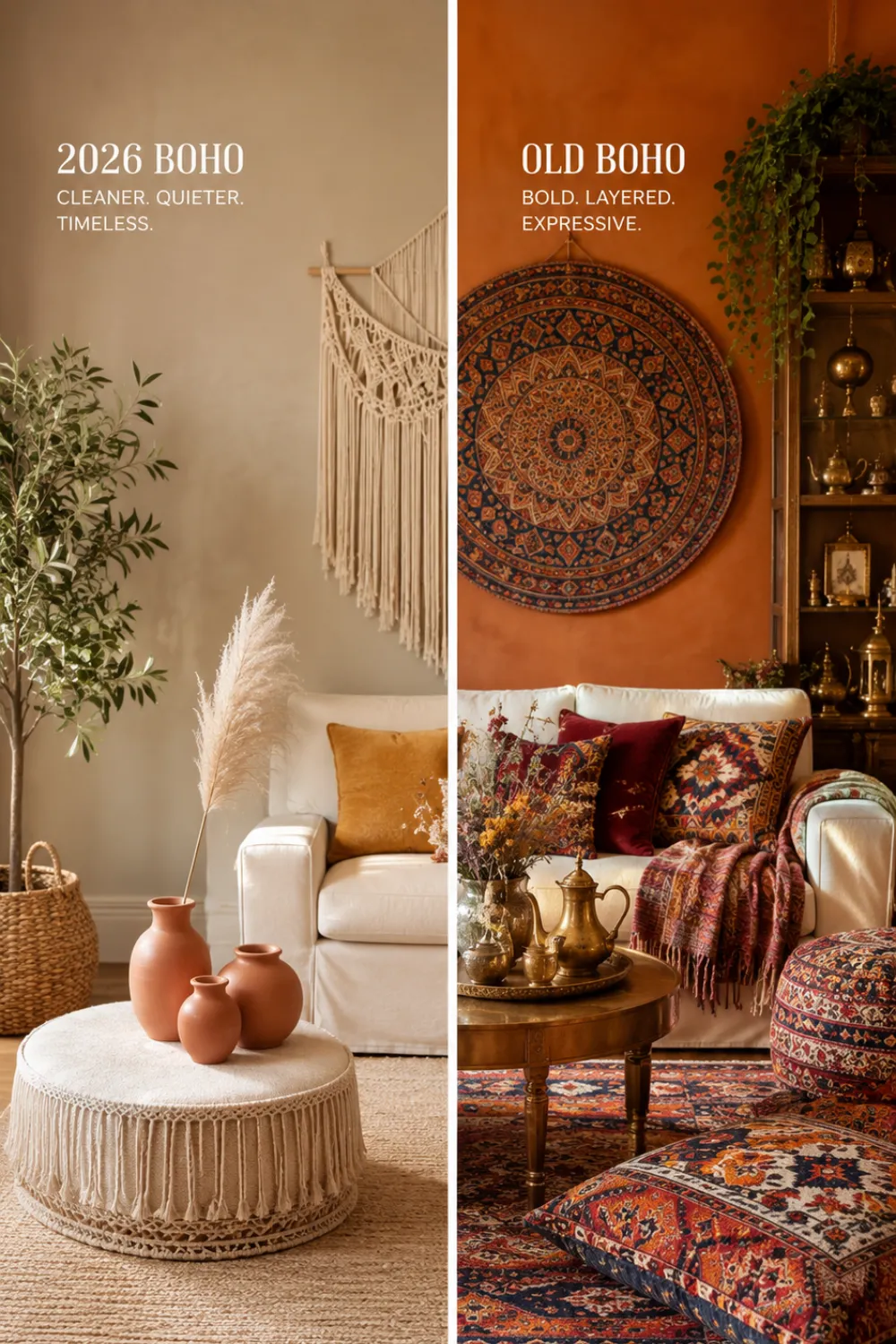 Side-by-side styled boho 2026 living room with warm earthy terracotta and mushroom palette next to a cooler-toned traditional boho space