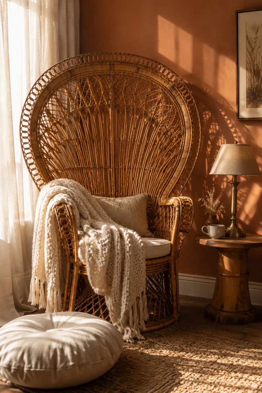 Statement peacock rattan chair in bright window corner of boho living room with linen throw and floor cushion