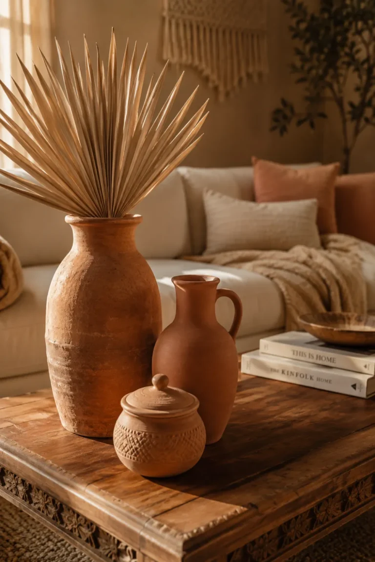 Three cluster-arranged terracotta vases of varying heights on boho living room coffee table with dried stems
