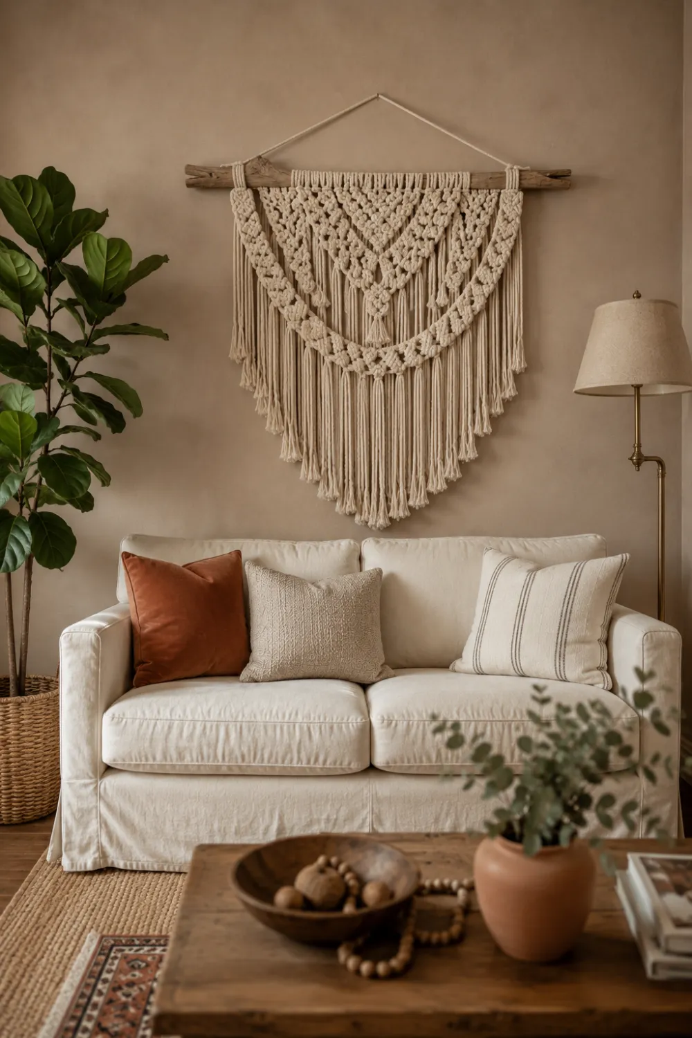 Oversized handwoven cream macramé wall hanging above a linen slipcovered sofa in boho summer living room