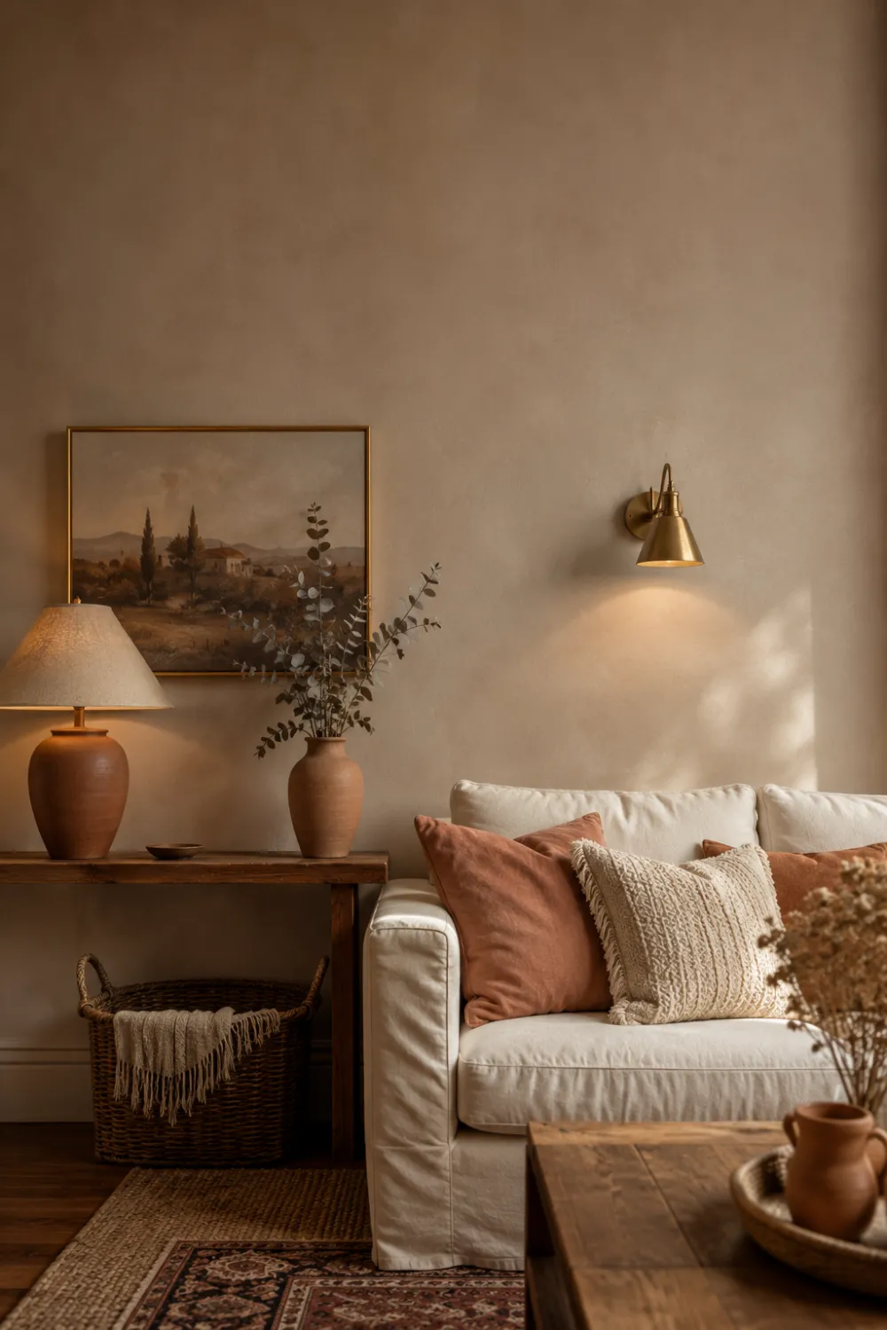Warm mushroom-tone painted wall in boho living room with terracotta accents, linen sofa, and brass wall lamp